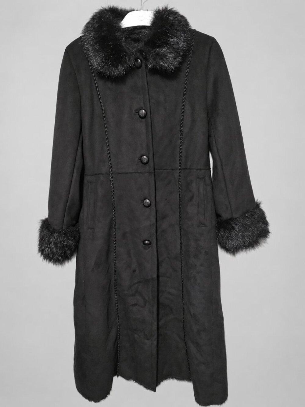 Terry Lewis Classic Lux Black Faux Fur Trim Long Coat XS